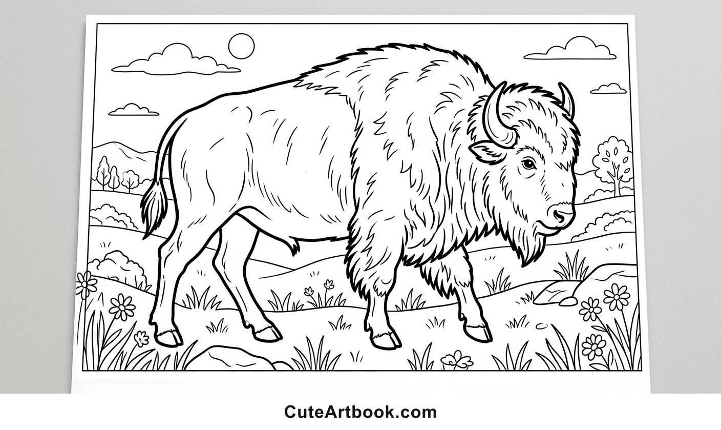 Free printable Bison coloring page — black and white line art