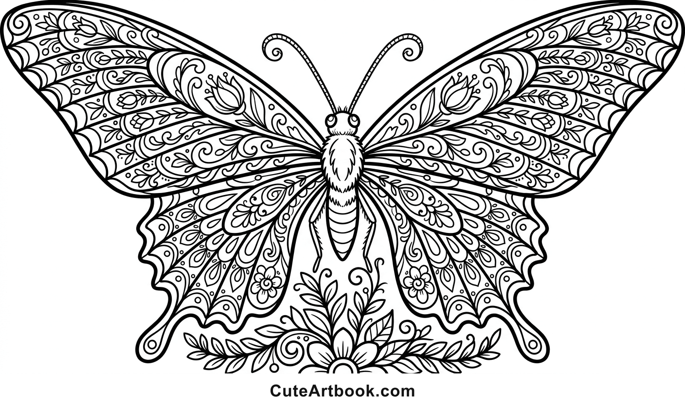 Free printable Butterfly coloring page — black and white line art