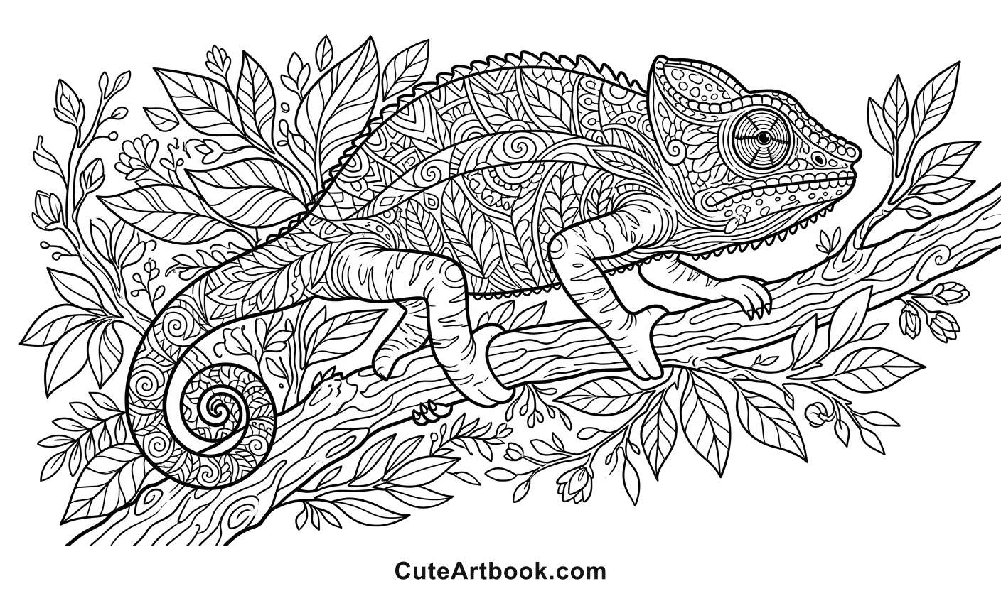 Free printable Chameleon coloring page — black and white line art