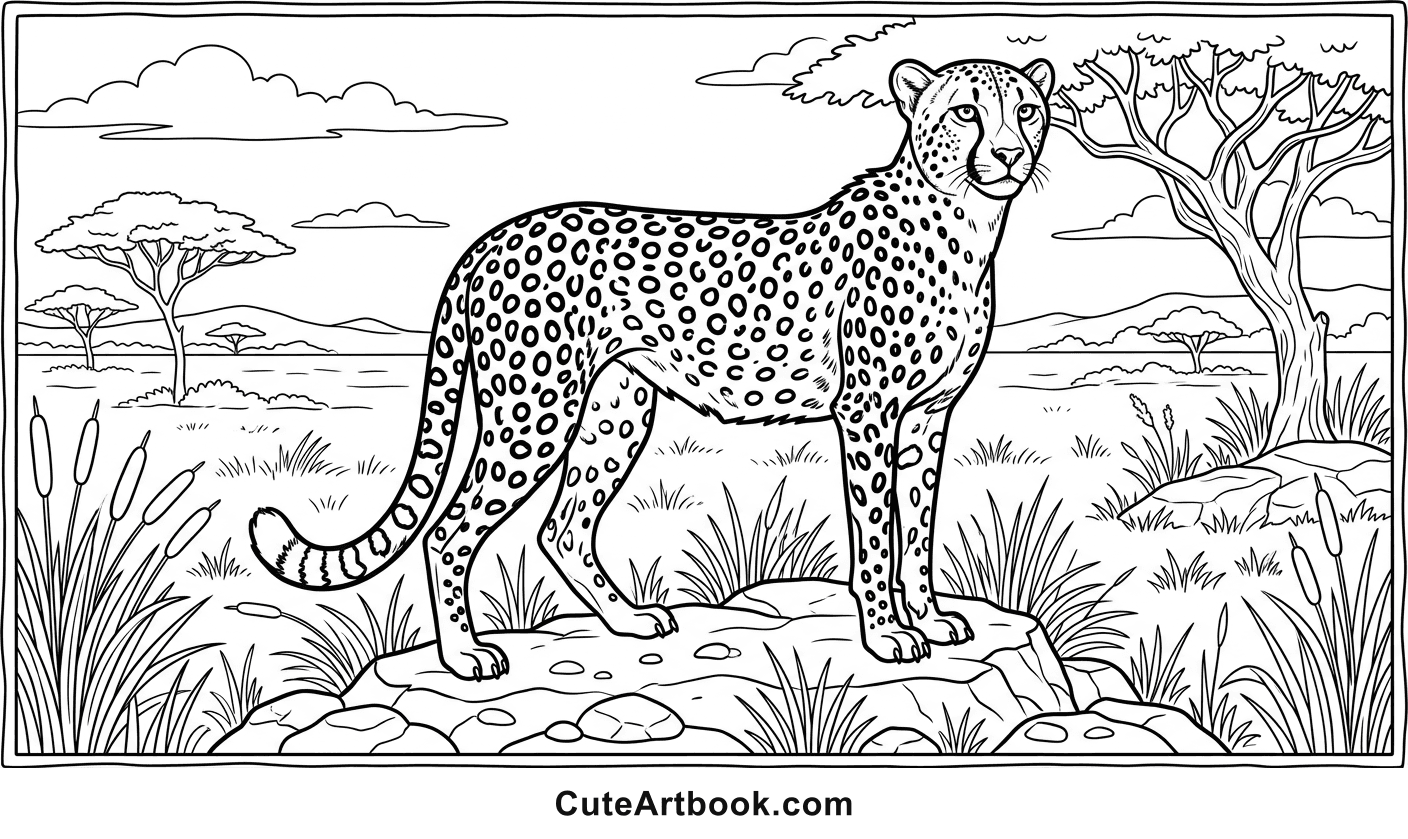 Free printable Cheetah coloring page — black and white line art