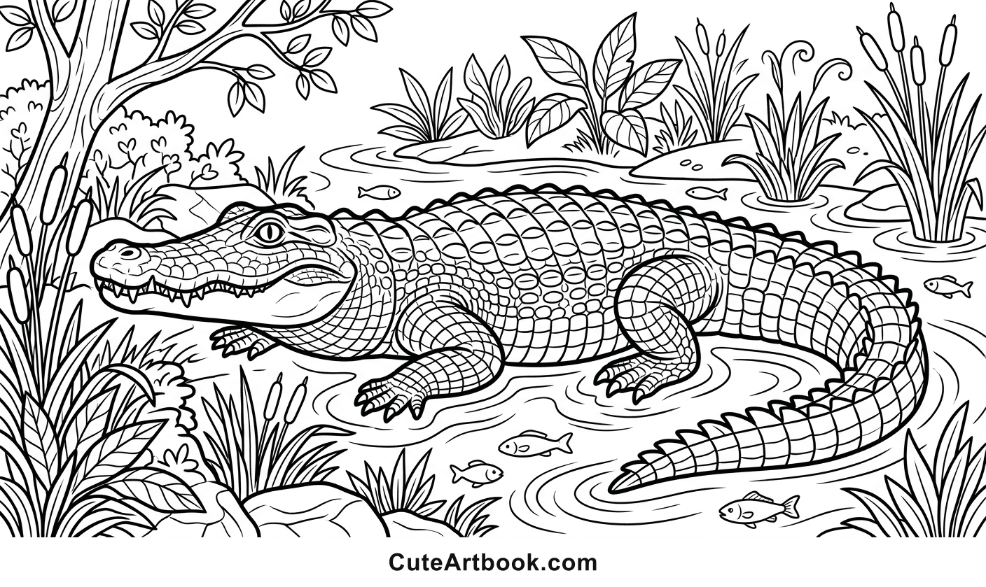 Free printable Crocodile coloring page — black and white line art