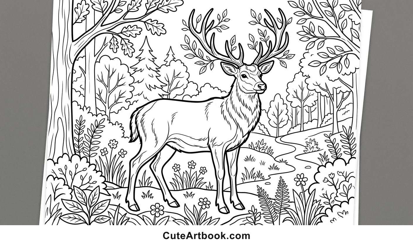 Free printable Deer coloring page — black and white line art