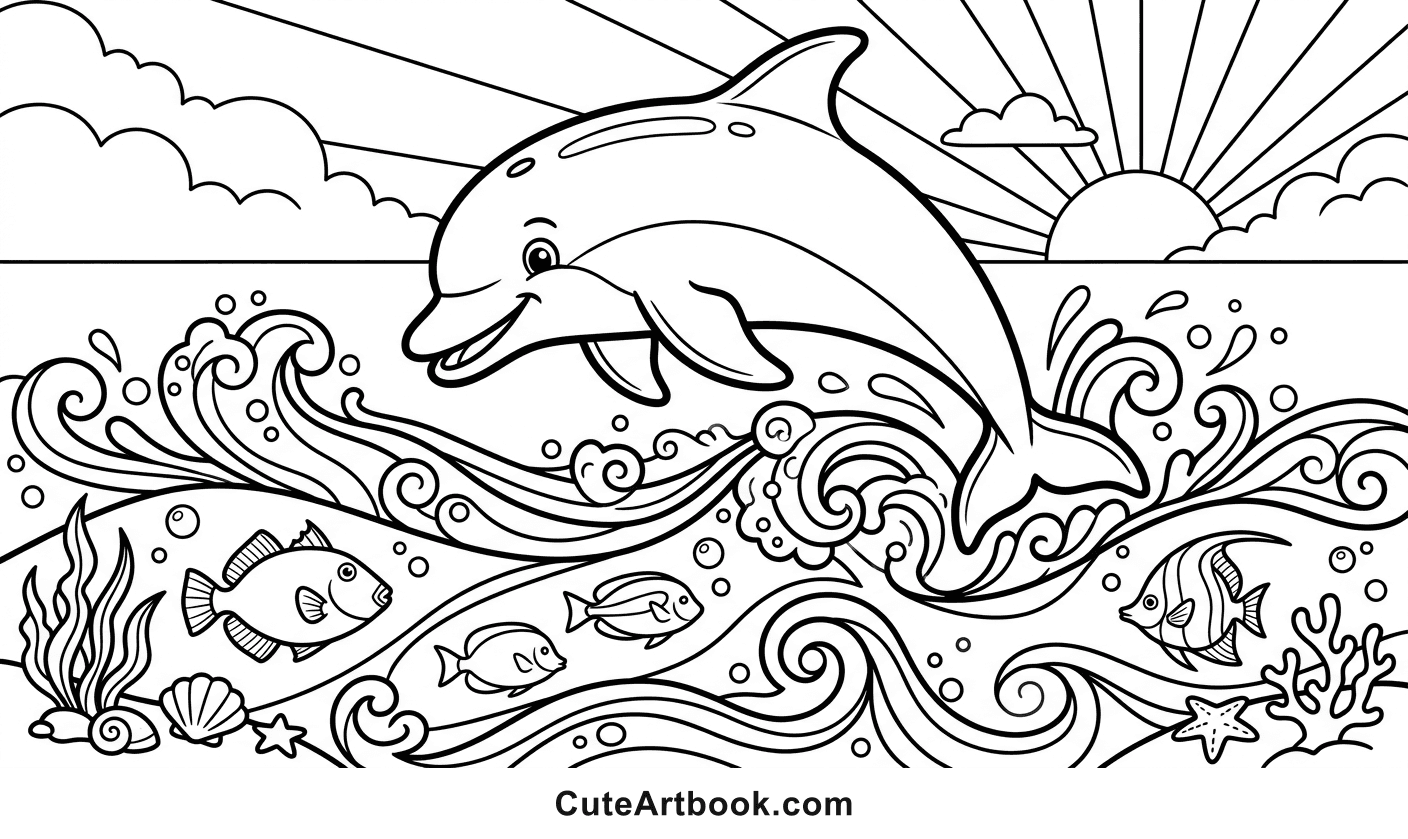 Free printable Dolphin coloring page — black and white line art