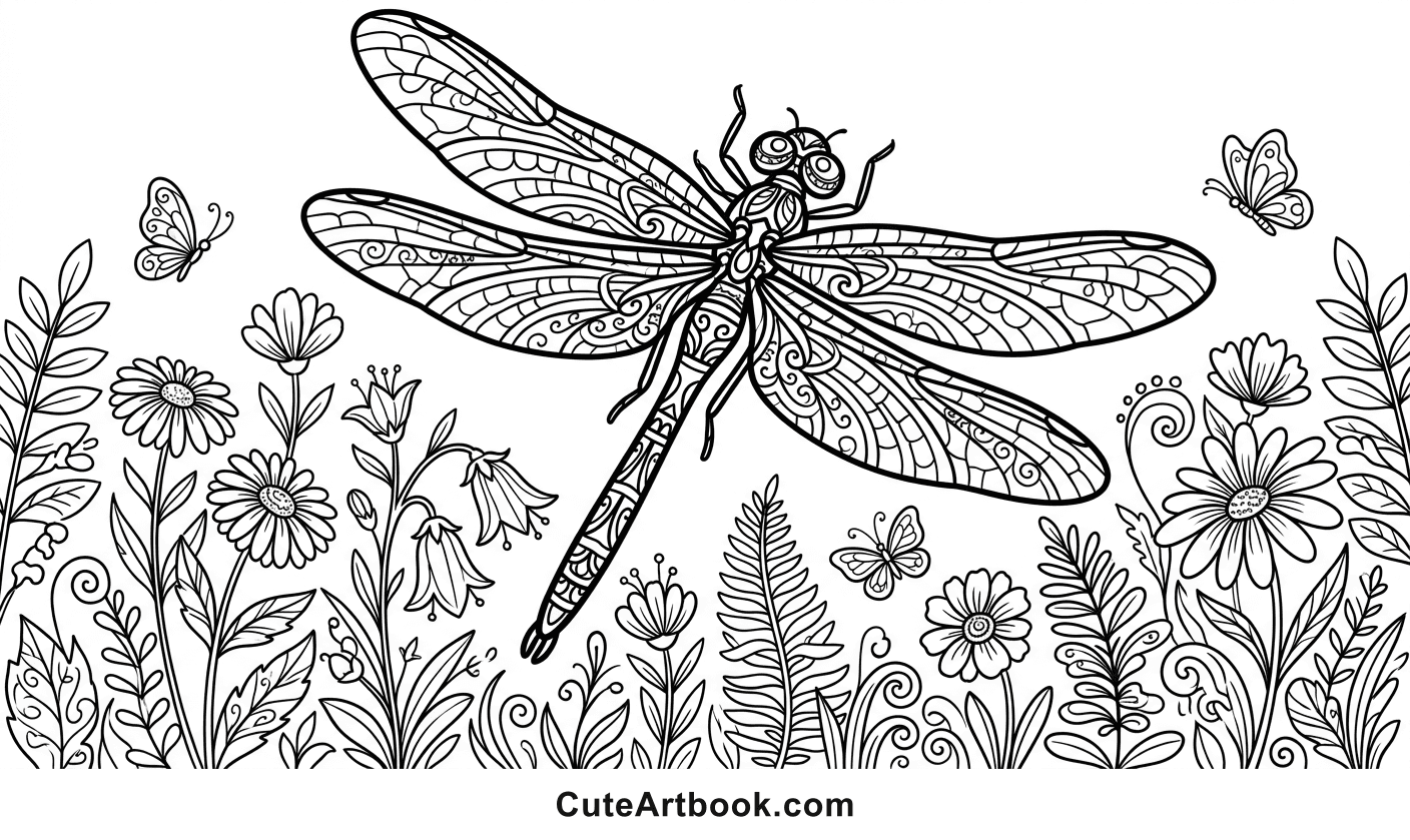 Free printable Dragonfly coloring page — black and white line art