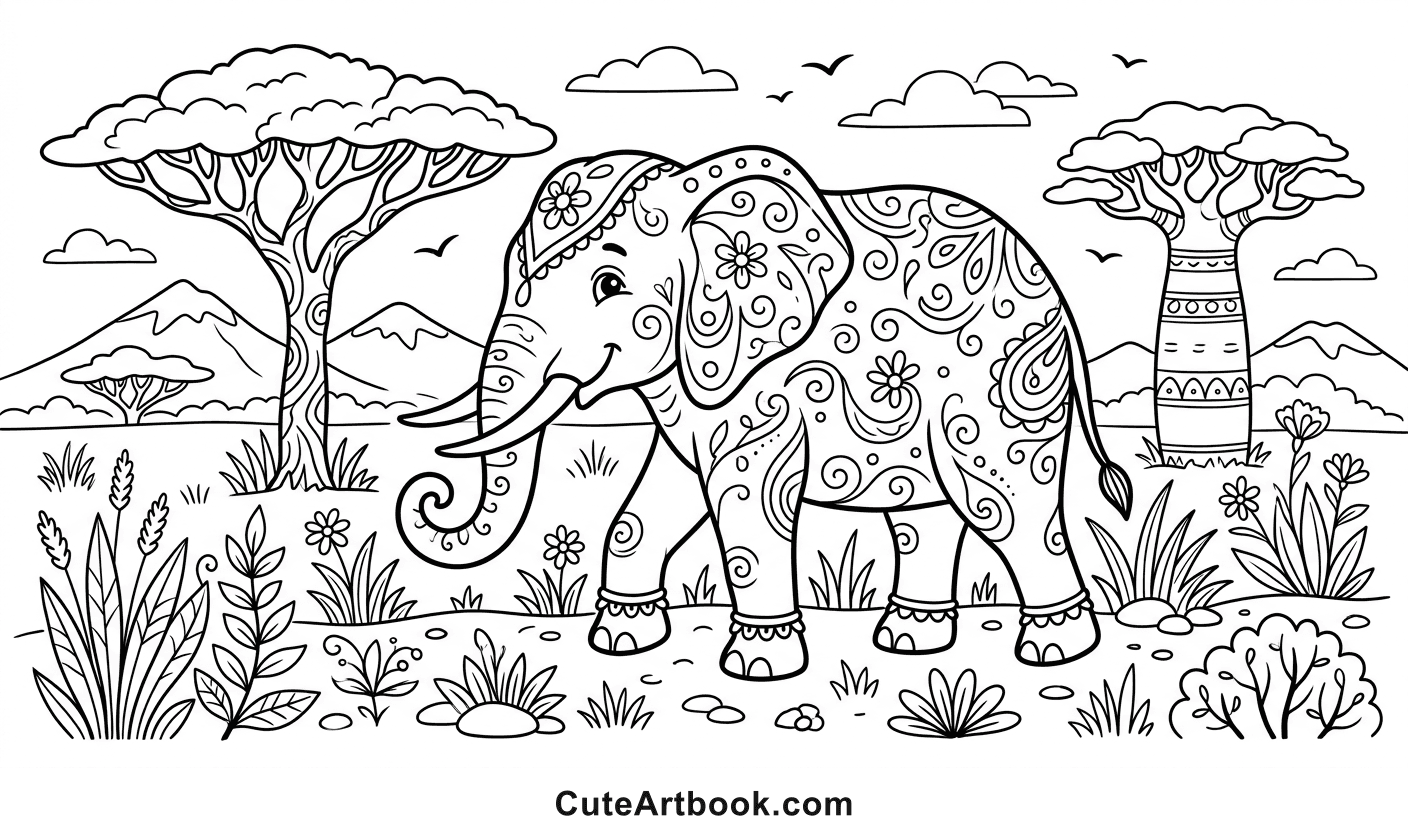 Free printable Elephant coloring page — black and white line art
