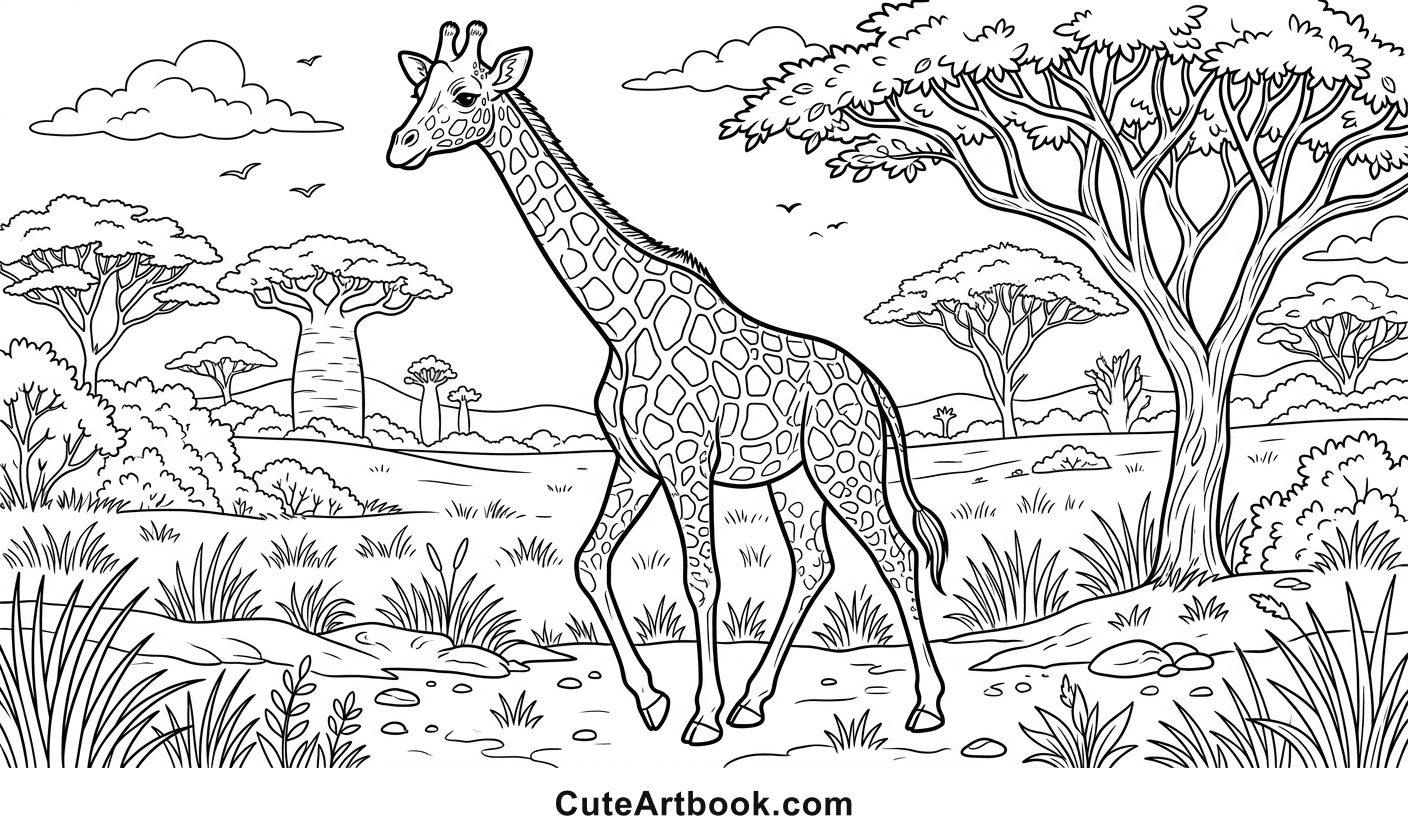 Free printable Giraffe coloring page — black and white line art