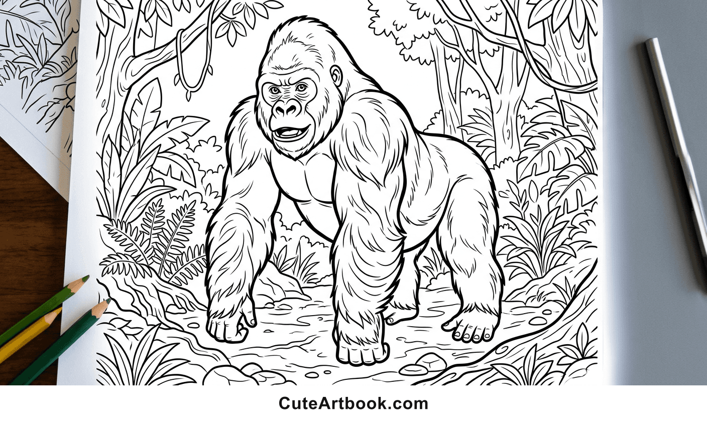 Free printable Gorilla coloring page — black and white line art
