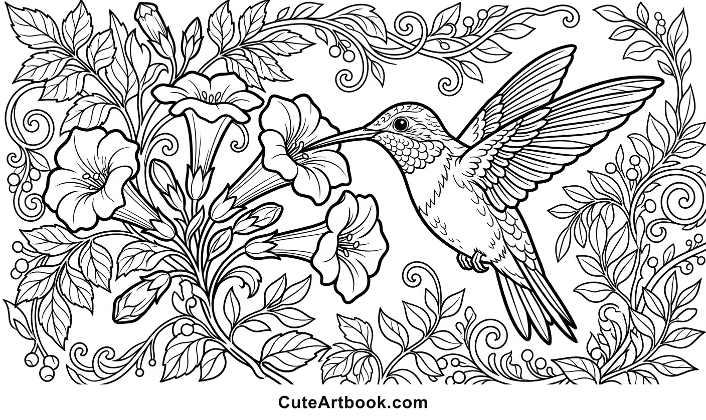 Free printable Hummingbird coloring page — black and white line art