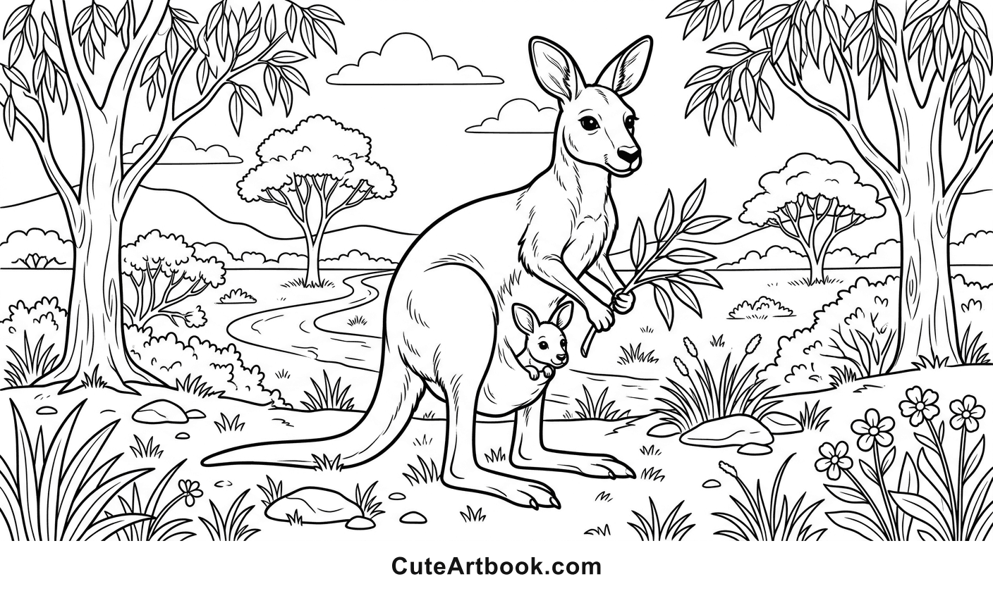 Free printable Kangaroo coloring page — black and white line art