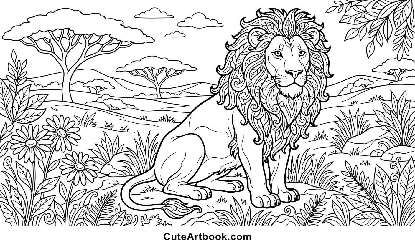 Free printable Lion coloring page — black and white line art