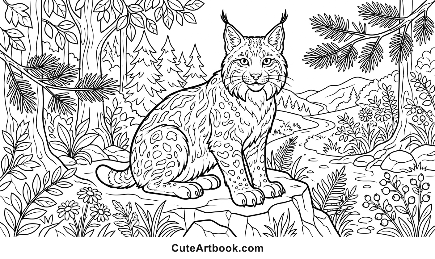 Free printable Lynx coloring page — black and white line art