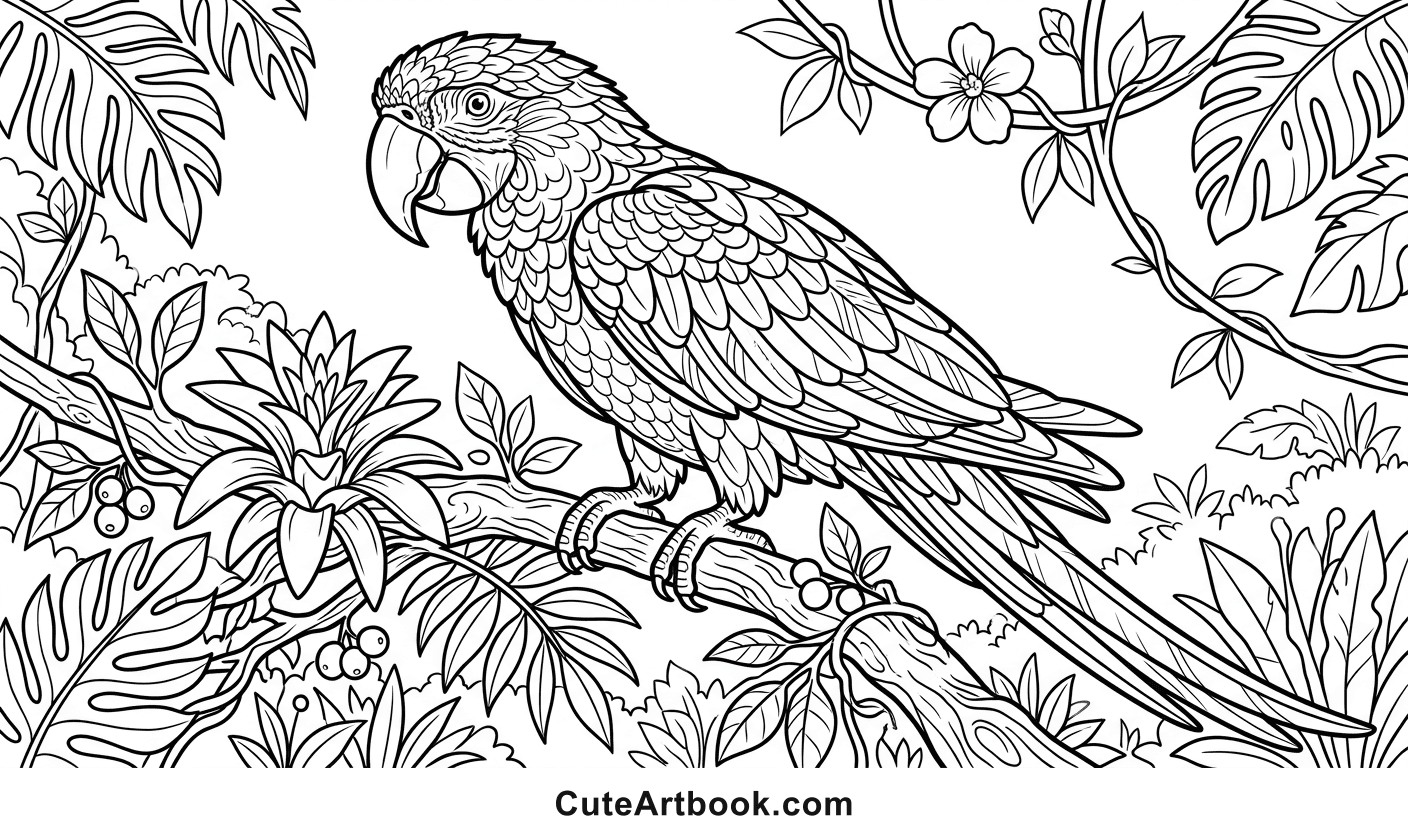 Free printable Parrot coloring page — black and white line art