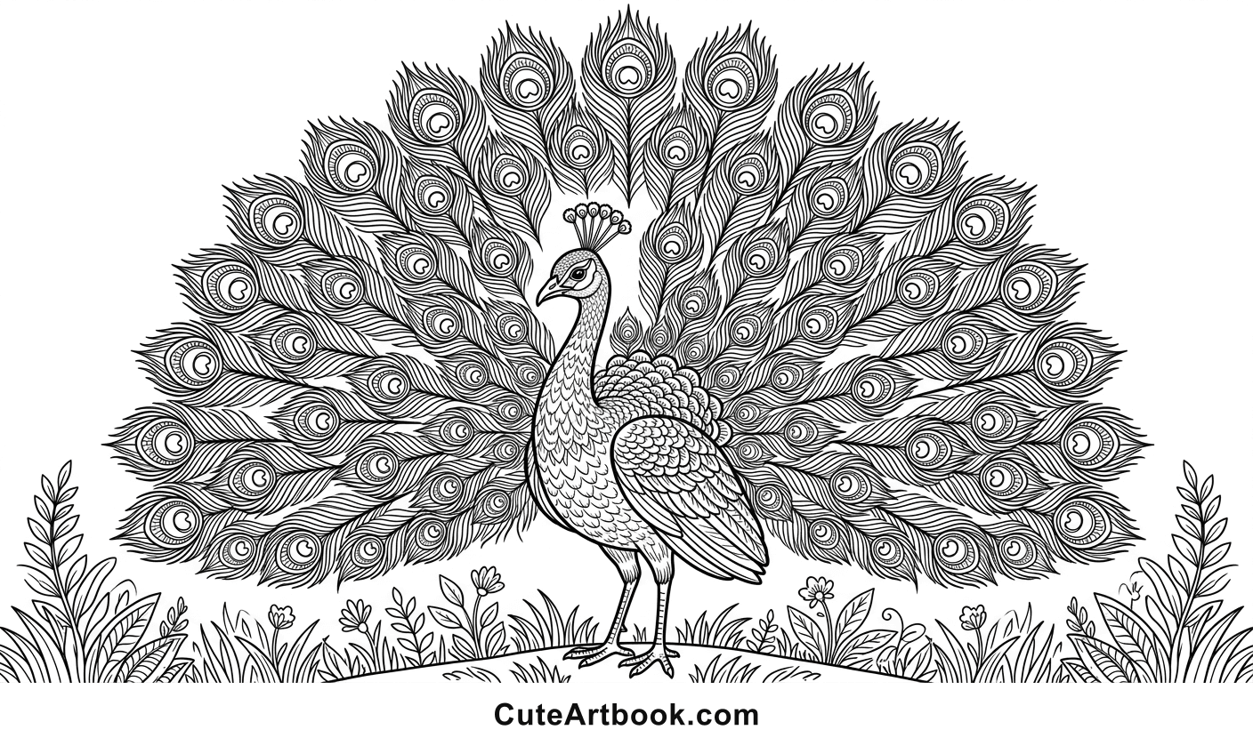 Free printable Peacock coloring page — black and white line art