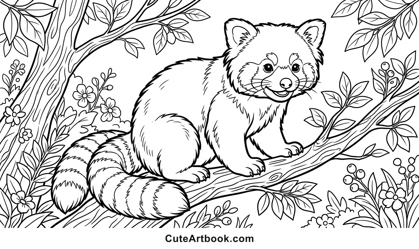 Free printable Red Panda coloring page — black and white line art