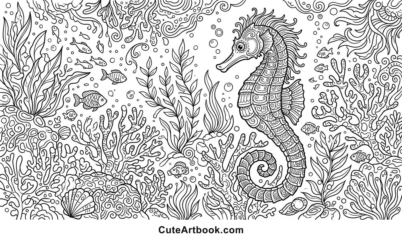 Free printable Seahorse coloring page — black and white line art