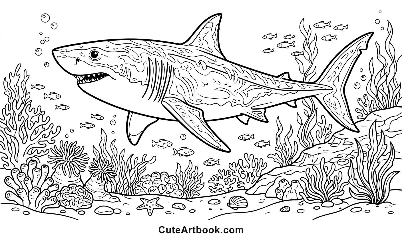 Free printable Shark coloring page — black and white line art