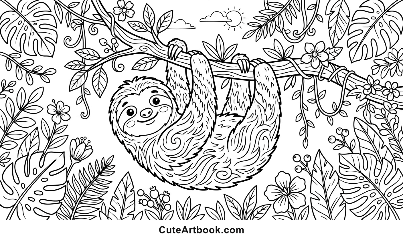 Free printable Sloth coloring page — black and white line art