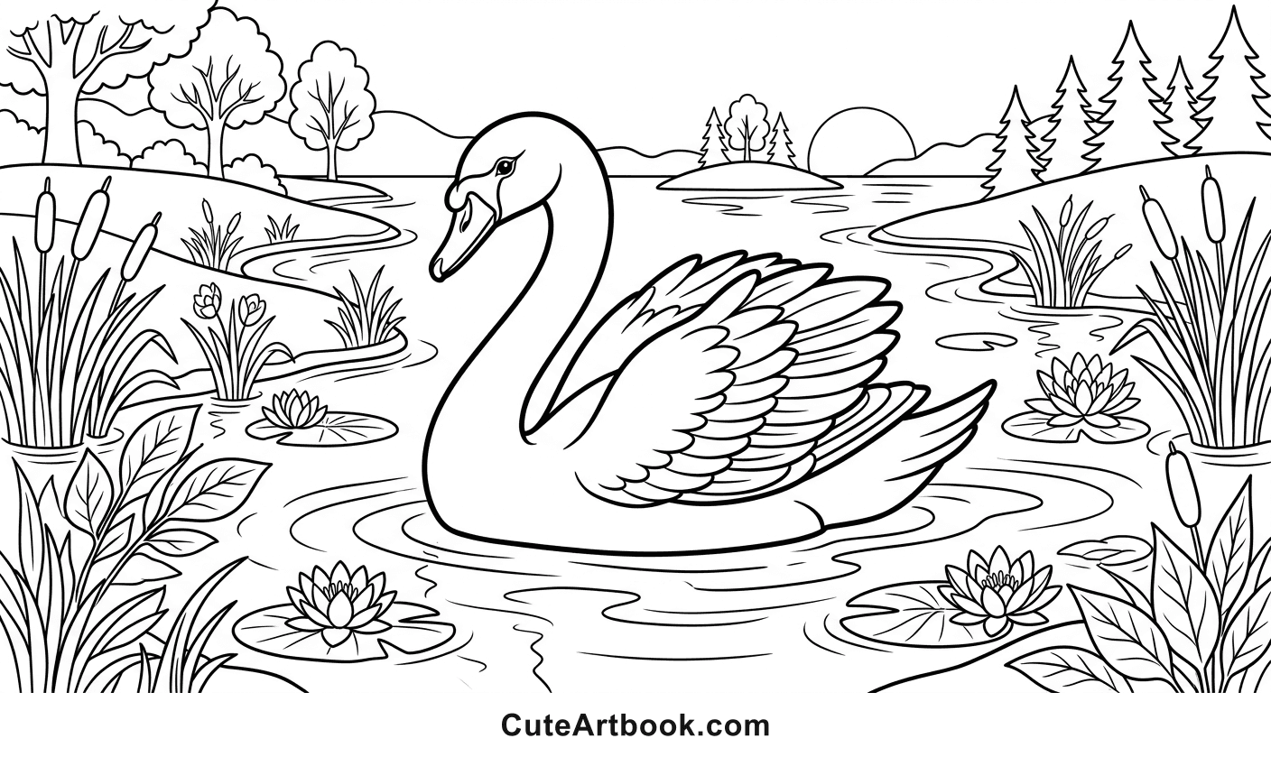 Free printable Swan coloring page — black and white line art
