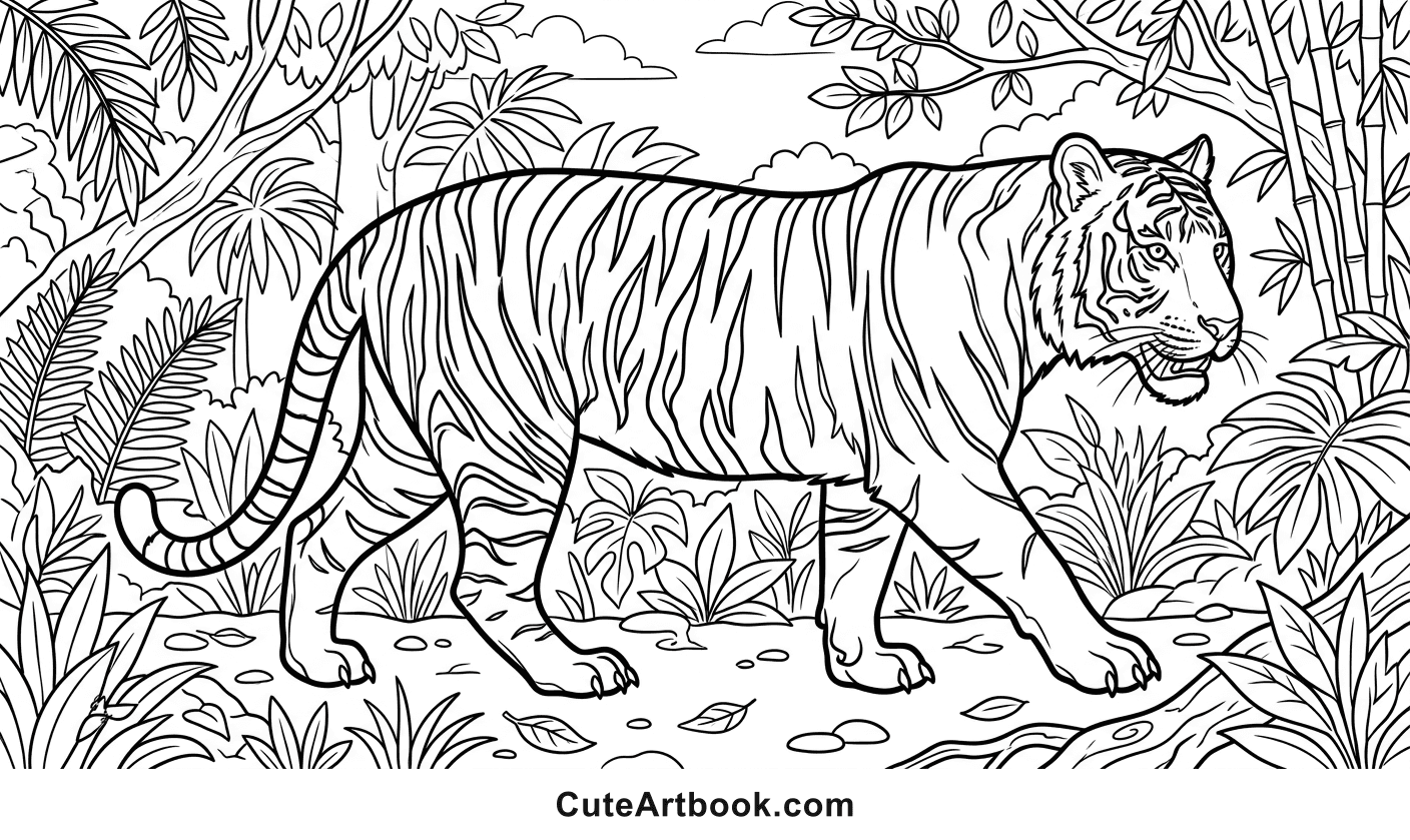 Free printable Tiger coloring page — black and white line art