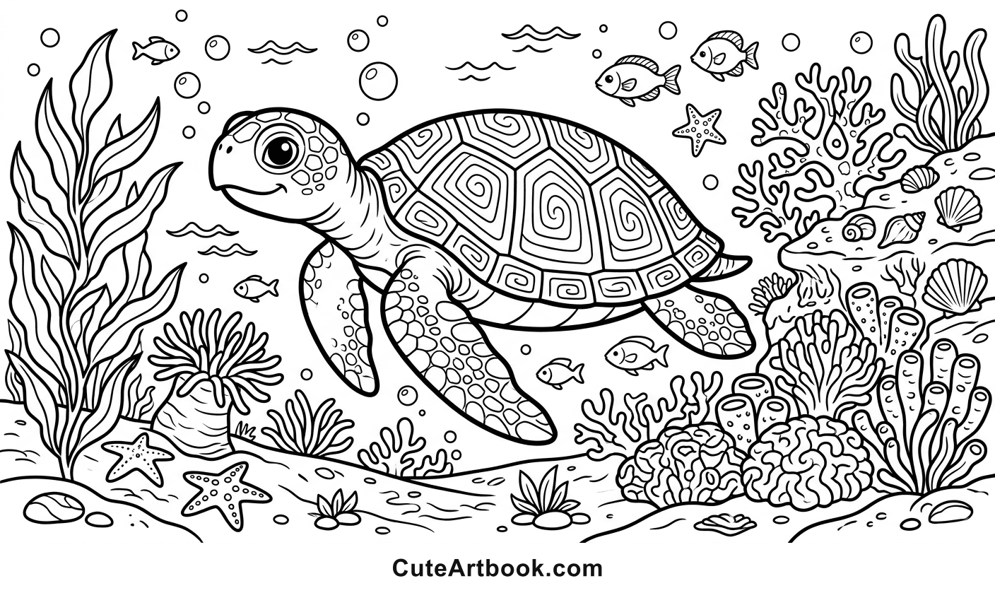Free printable Turtle coloring page — black and white line art