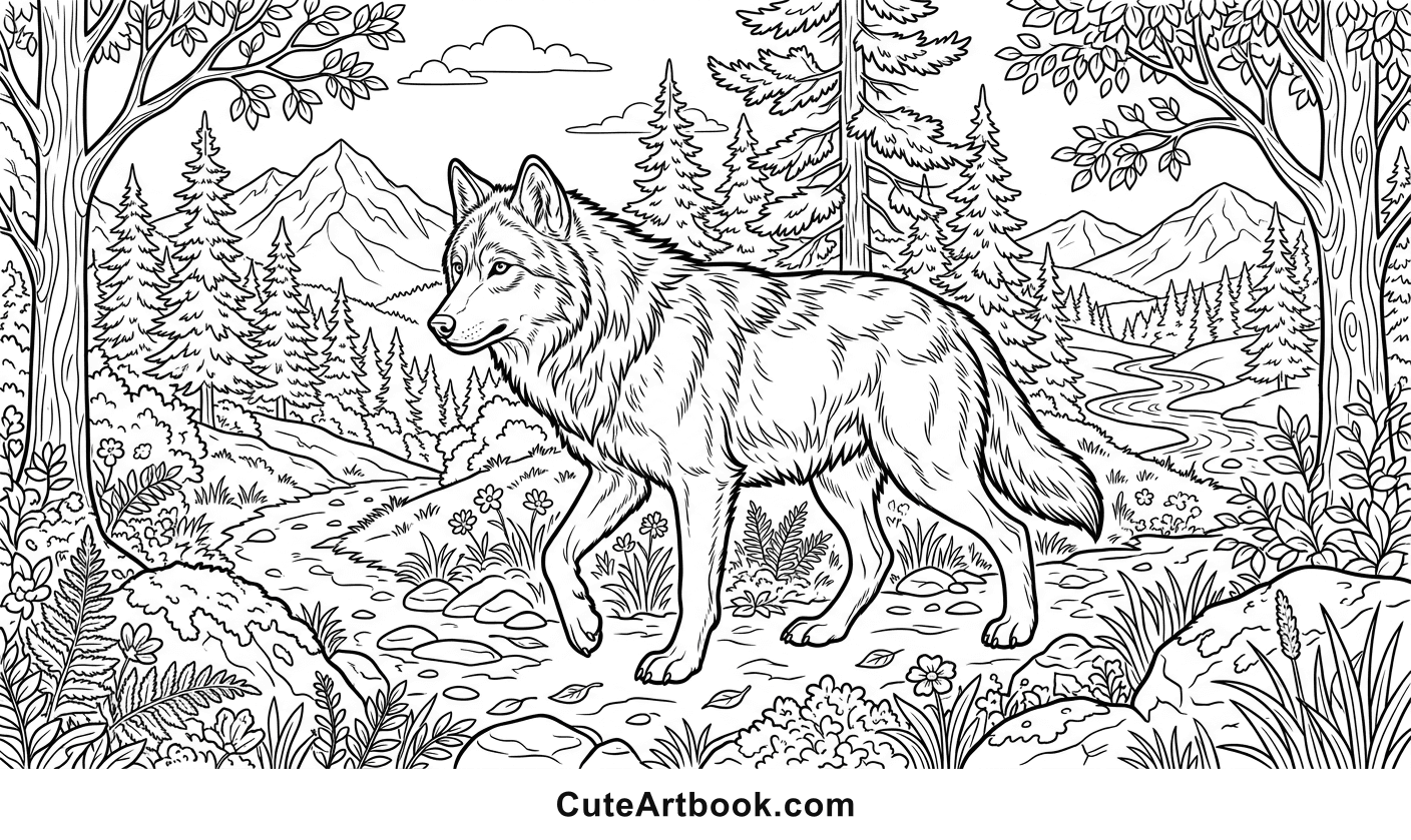 Free printable Wolf coloring page — black and white line art
