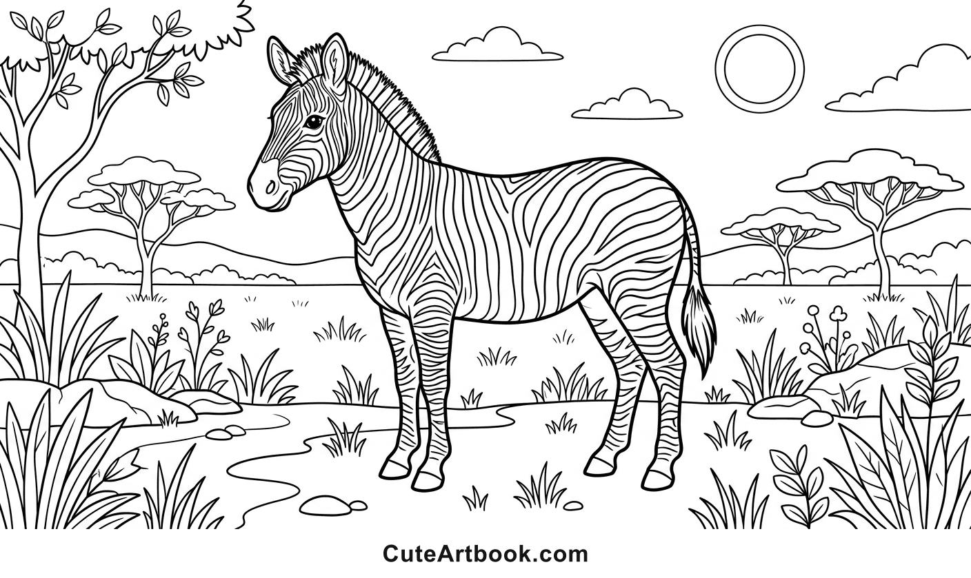 Free printable Zebra coloring page — black and white line art