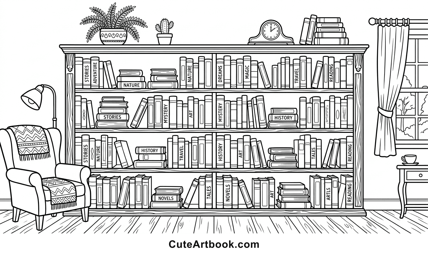 Free printable Bookshelf coloring page — black and white line art