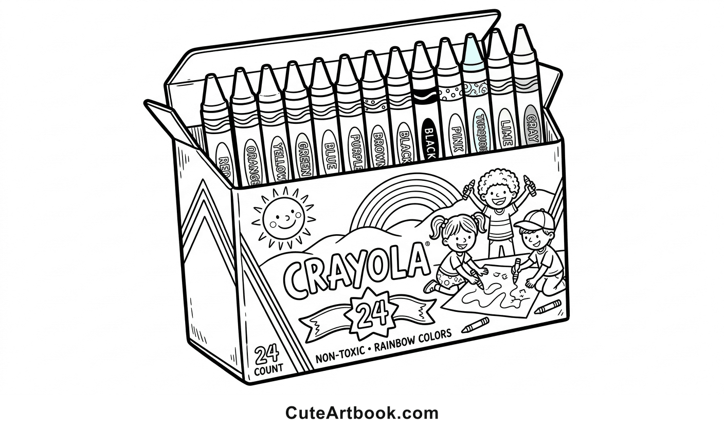 Free printable Box of Crayons coloring page — black and white line art