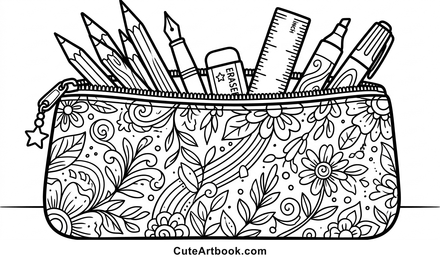 Free printable Pencil Case coloring page — black and white line art