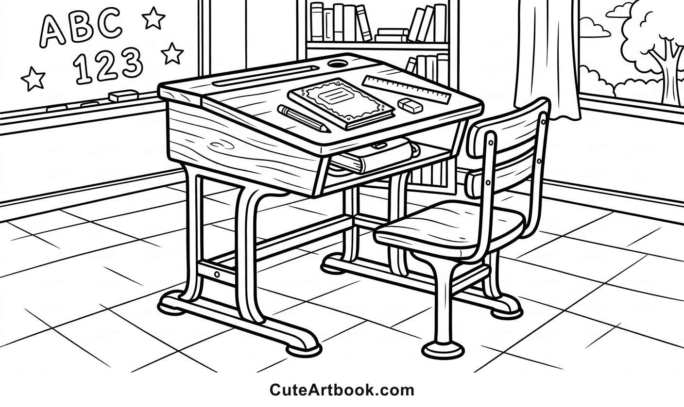 Free printable School Desk coloring page — black and white line art
