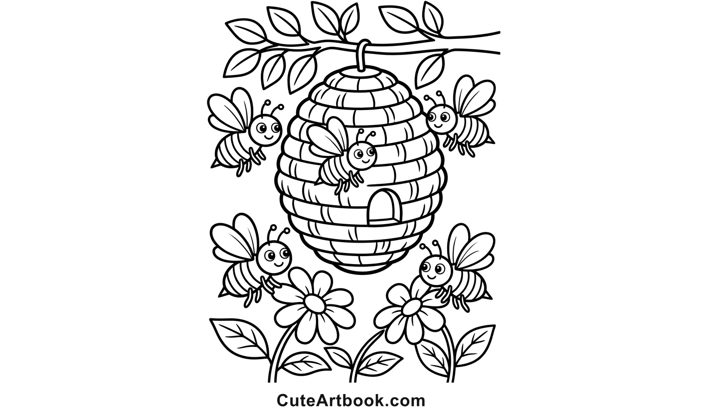 Free printable Beehive with Bees coloring page — black and white line art