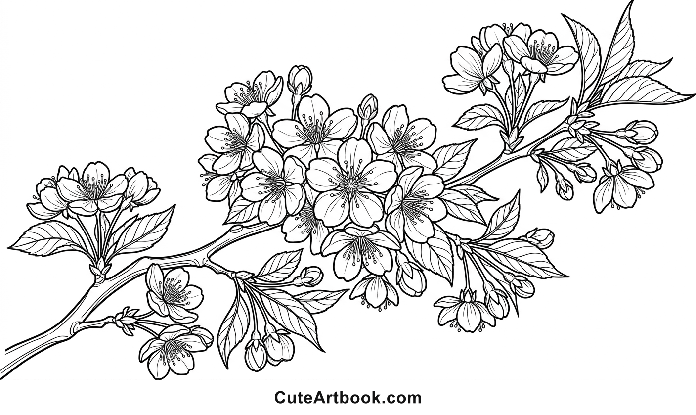 Free printable Cherry Blossom coloring page — black and white line art