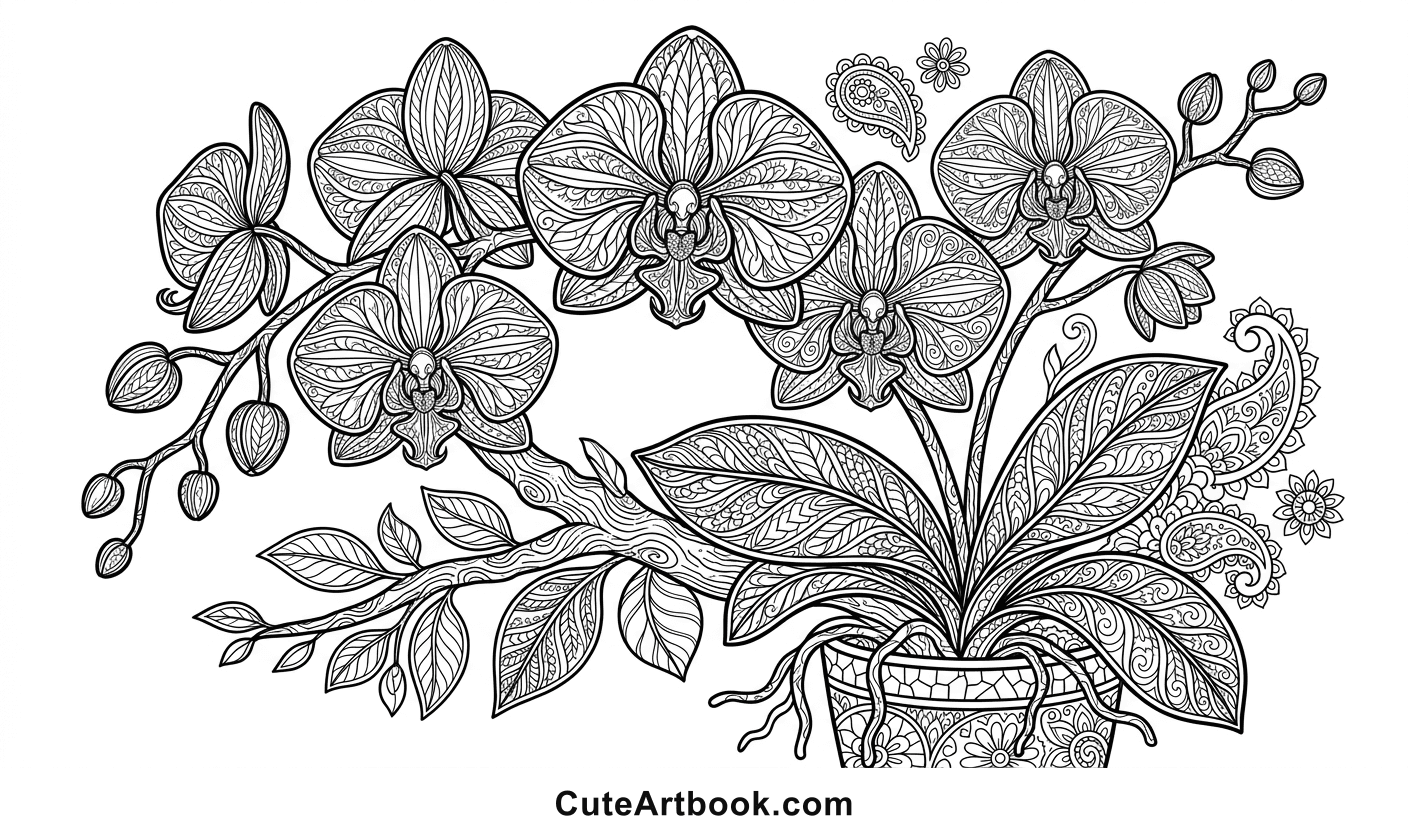 Free printable Orchid coloring page — black and white line art