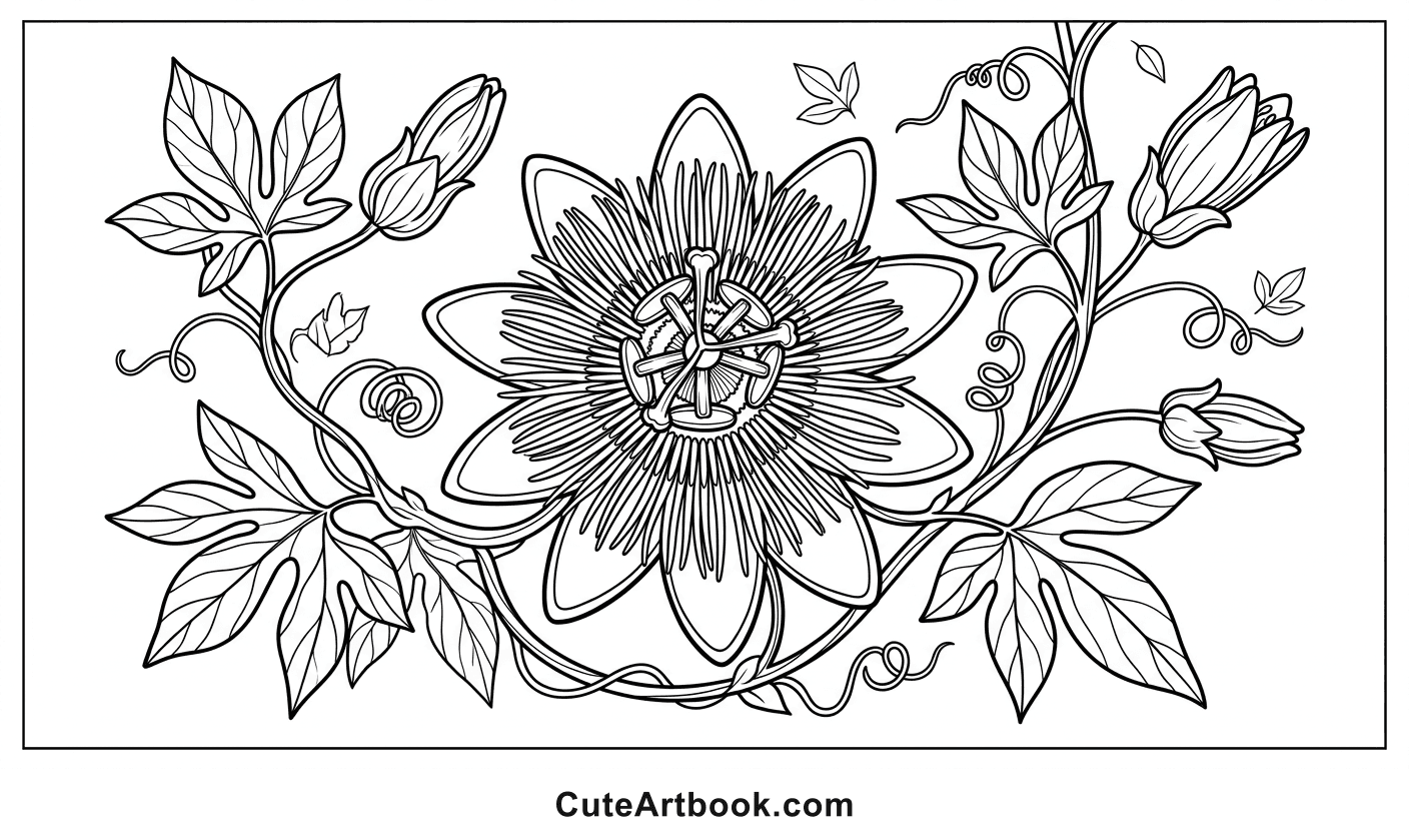 Free printable Passionflower coloring page — black and white line art