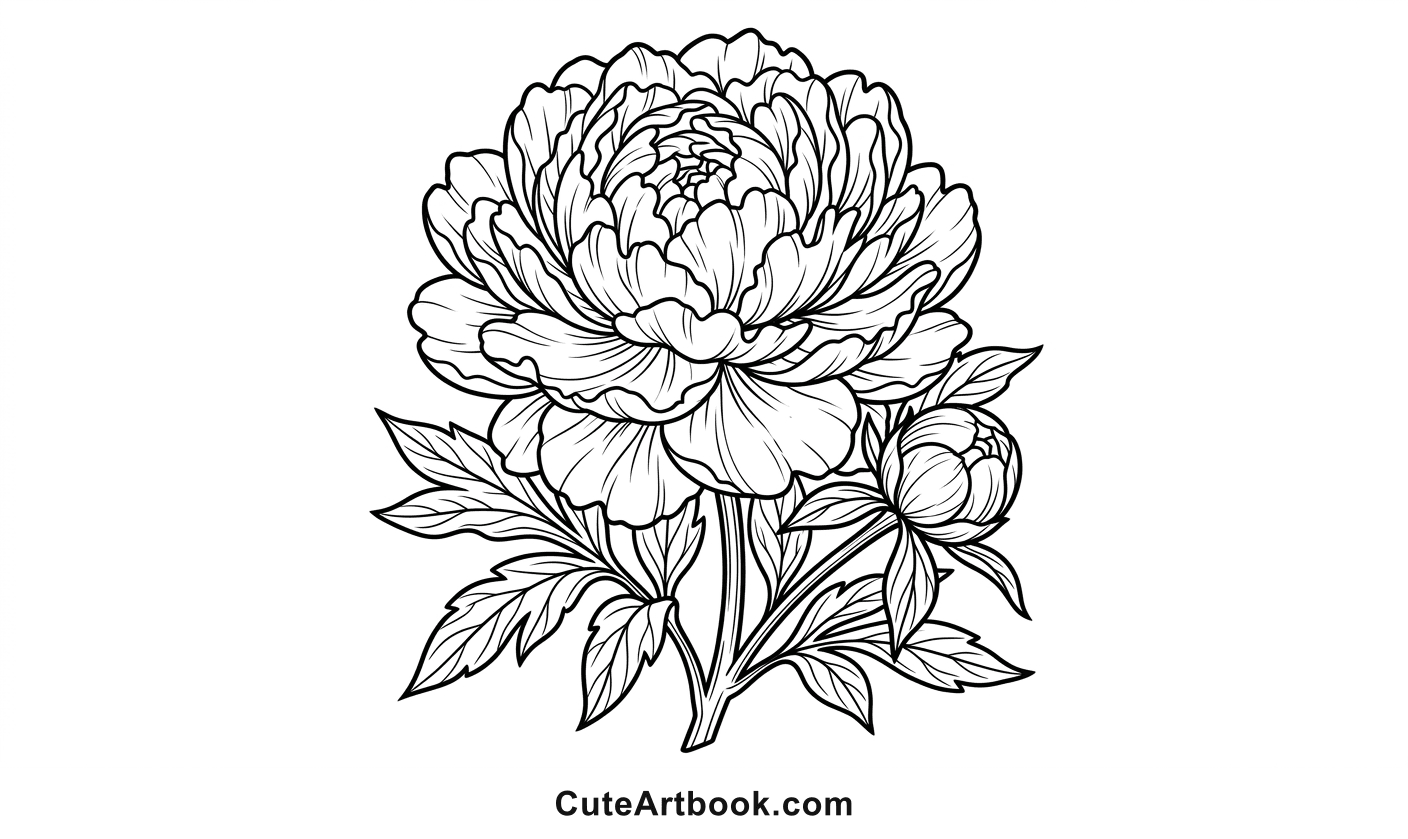 Free printable Peony coloring page — black and white line art