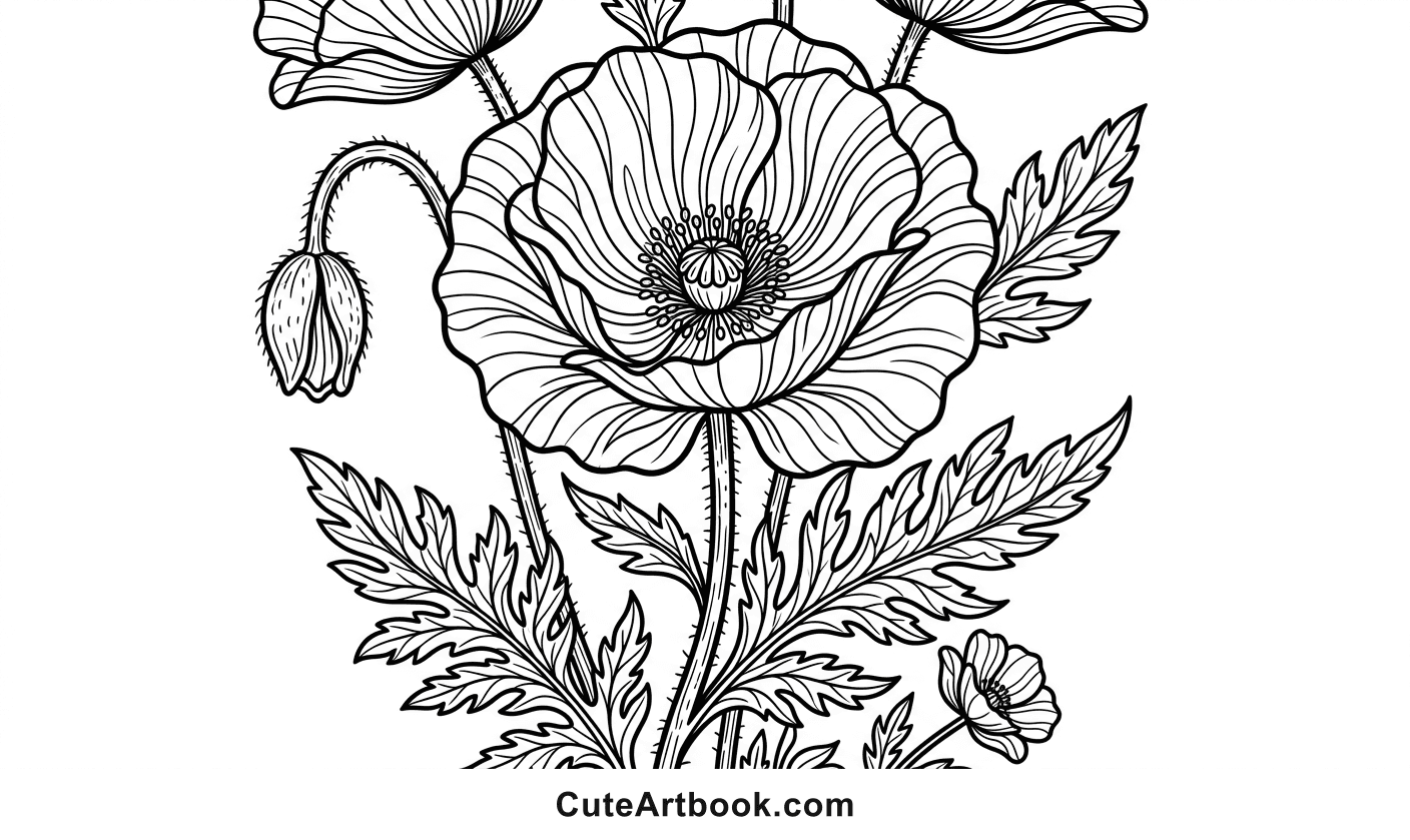 Free printable Poppy coloring page — black and white line art