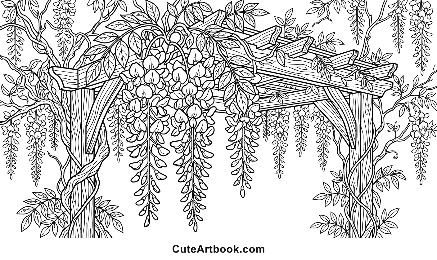 Free printable Wisteria coloring page — black and white line art