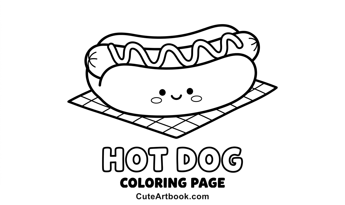 Free printable Hot Dog coloring page — black and white line art