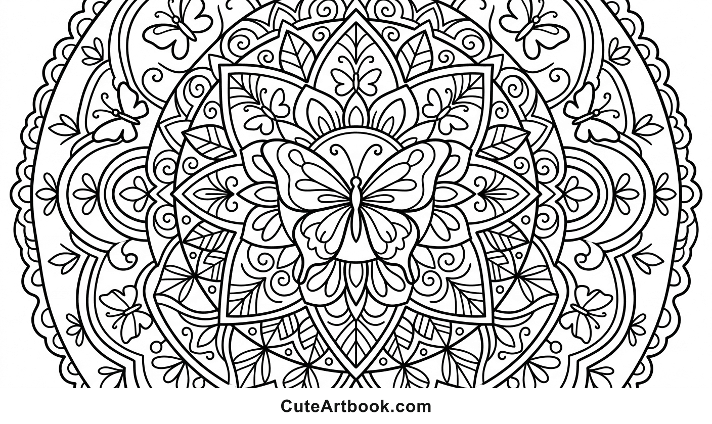 Free printable Butterfly Mandala coloring page — black and white line art