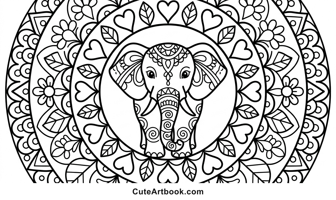 Free printable Elephant Mandala coloring page — black and white line art