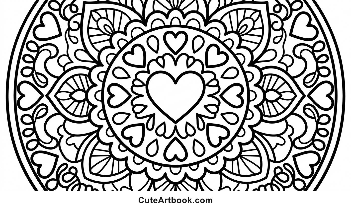 Free printable Heart Mandala coloring page — black and white line art