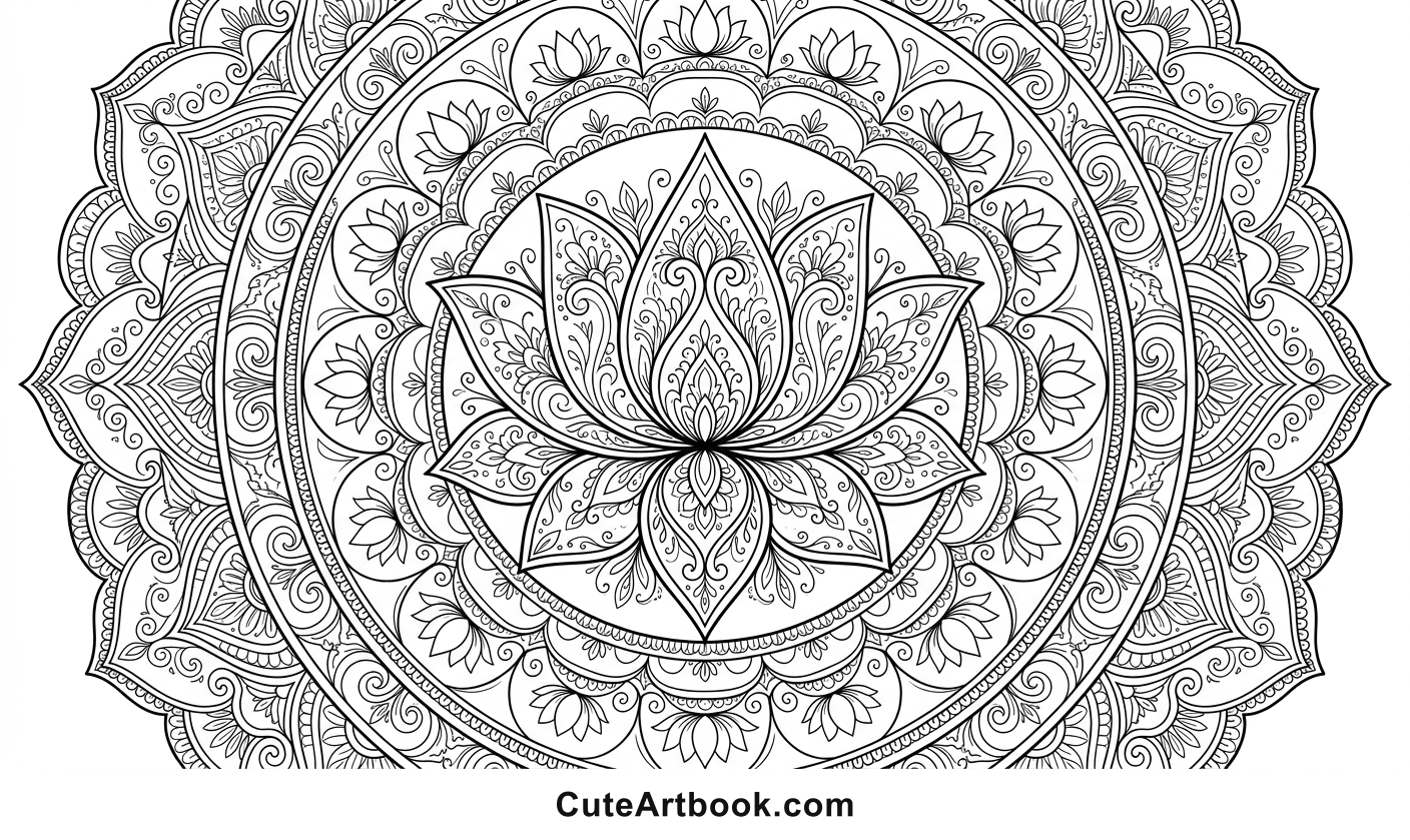 Free printable Lotus Mandala coloring page — black and white line art