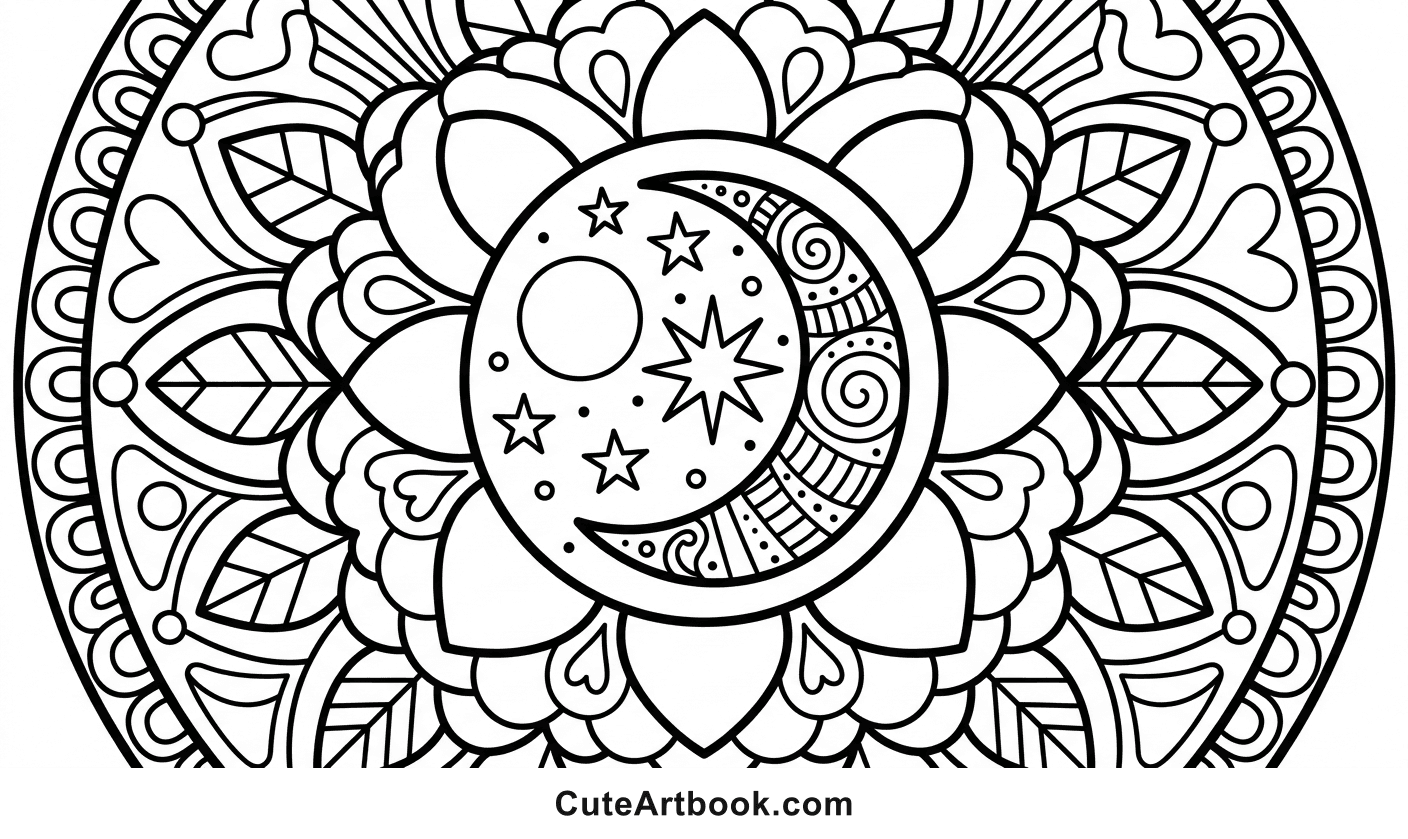 Free printable Moon Mandala coloring page — black and white line art