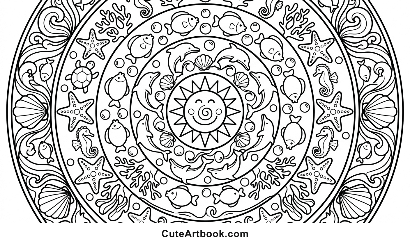 Free printable Ocean Mandala coloring page — black and white line art