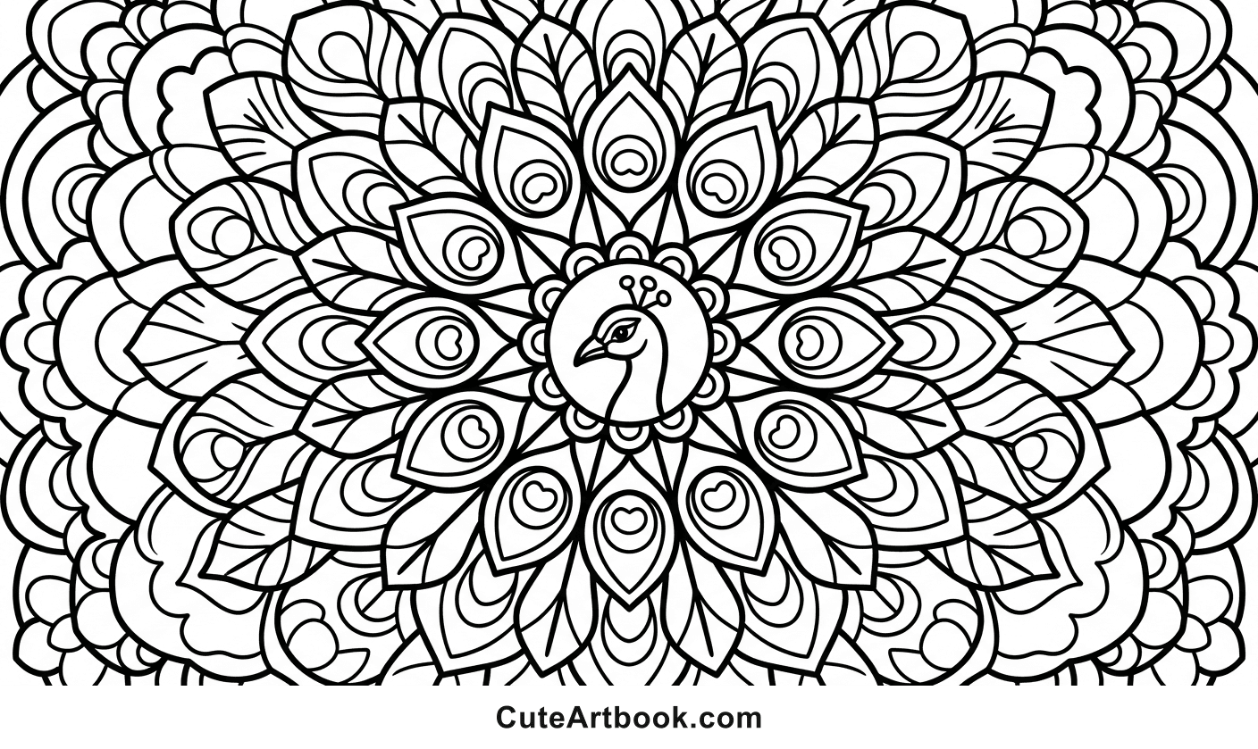 Free printable Peacock Mandala coloring page — black and white line art