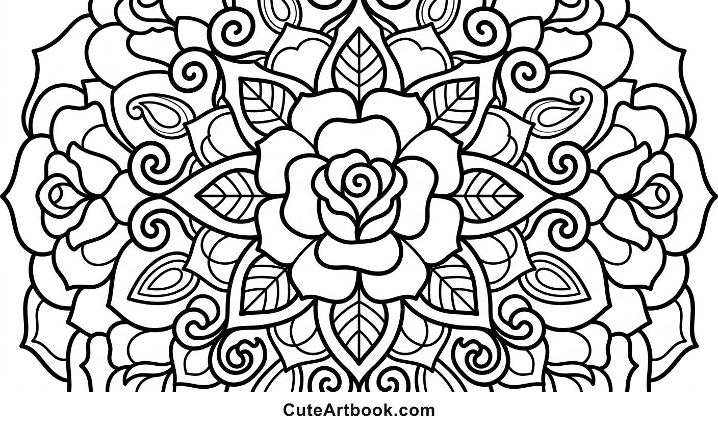 Free printable Rose Mandala coloring page — black and white line art