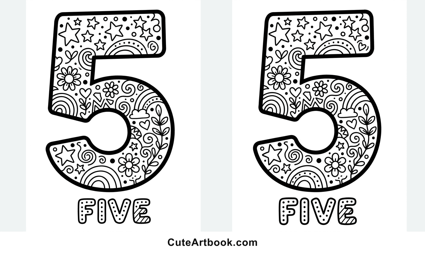 Free printable Five coloring page — black and white line art