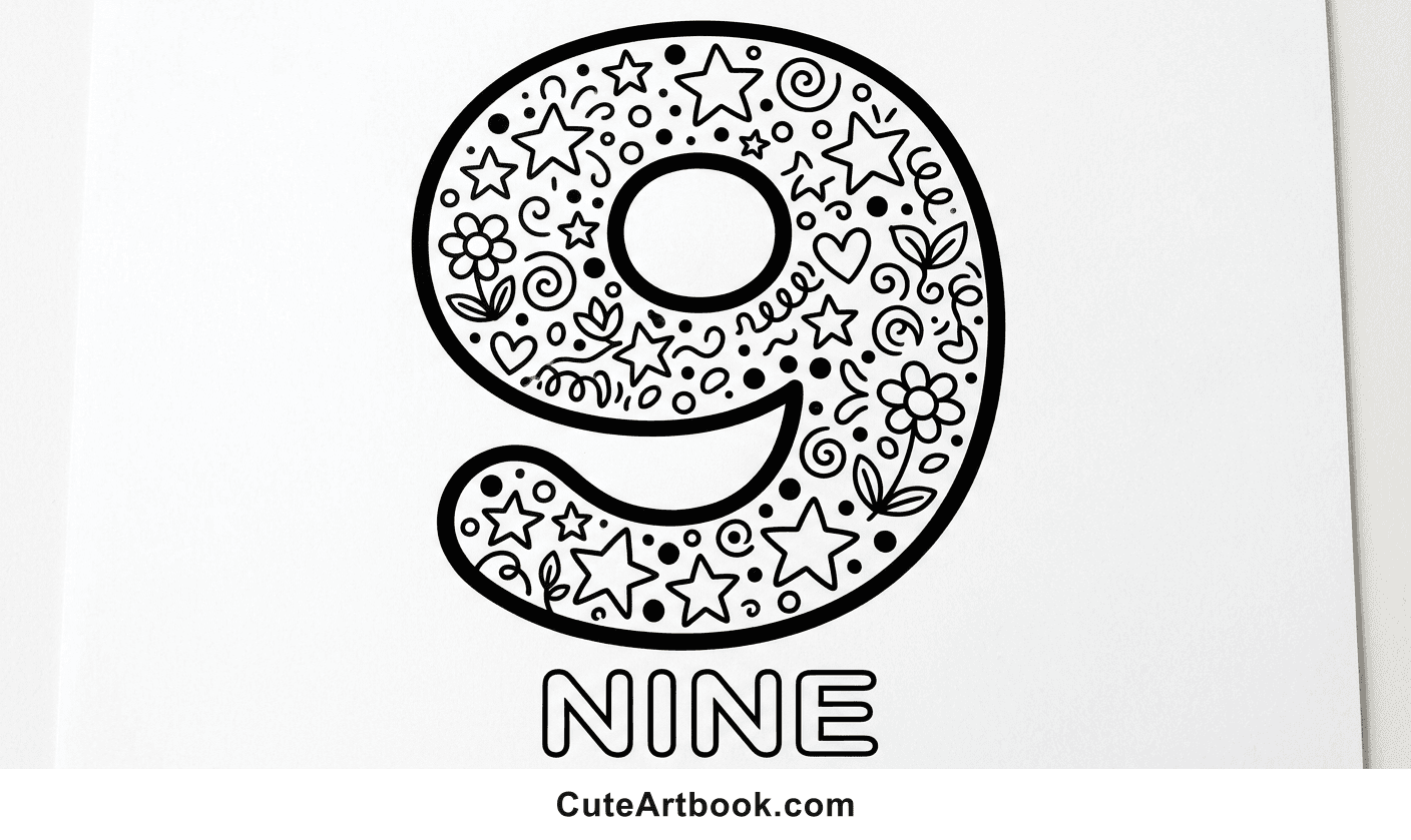Free printable Nine coloring page — black and white line art
