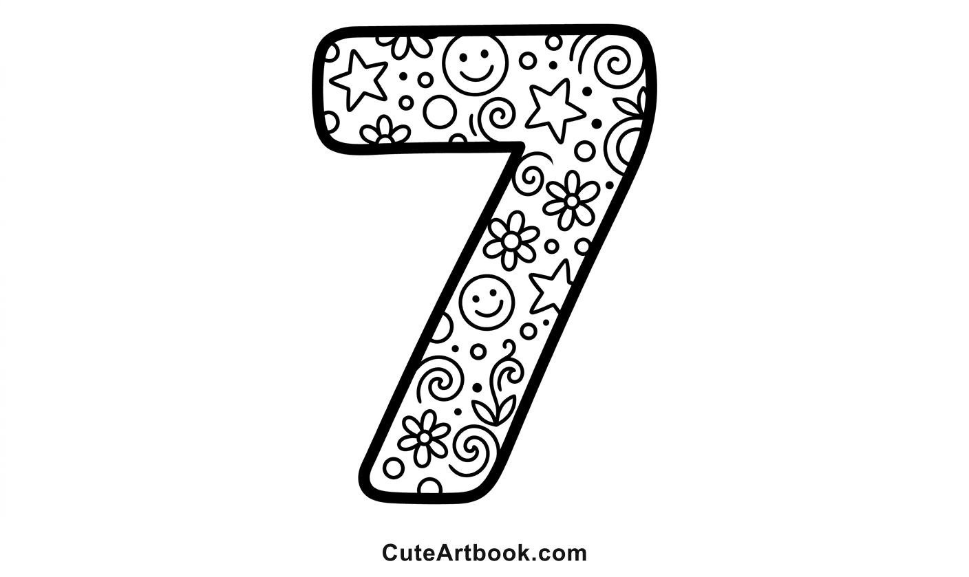 Free printable Seven coloring page — black and white line art