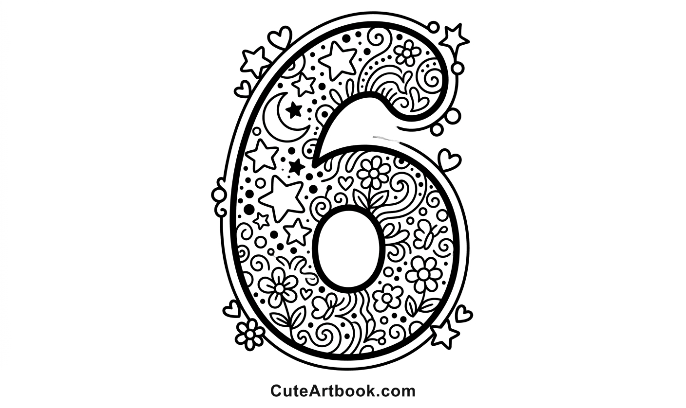 Free printable Six coloring page — black and white line art